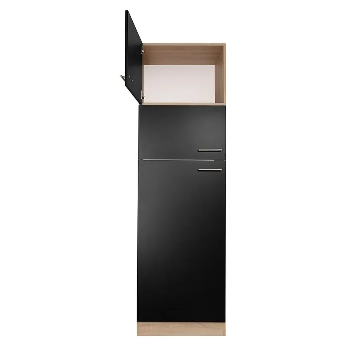 Respekta Merle Kühlumbauschrank - B x T x H: 60 x 60 x 200 cm, Schwarz - Ein hoher, schwarzer Schrank mit zwei Schubladen und einem offenen Fach darüber, dessen Tür zur Seite geöffnet ist.