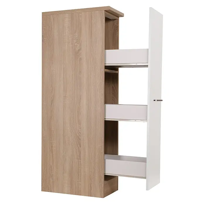 Respekta Merle Apotheker-Hochschrank - B x T x H: 30 x 60 x 144,8 cm, Weiß, mit Arbeitsplattenabdeckung - Ein offener Küchenschrank mit mehreren Auszügen, die einen einfachen Zugriff auf den Inhalt ermöglichen. Holzstruktur, weiße Schubladen.
