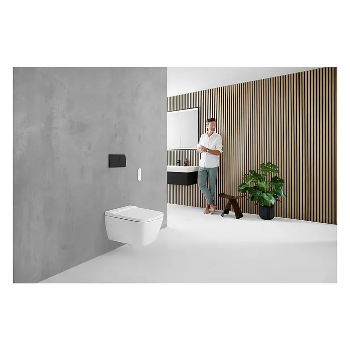Geberit Wand-Dusch-WC-Set AquaClean Sela - Spülrandlos, Mit schmutzabweisender Glasur, Spülform: Tief, WC Abgang: Waagerecht, Weiß, Eckig - Elegante, wandhängende Toilette in einem modernen Badezimmer. Das schlichte Design fügt sich nahtlos in die stilvolle Umgebung ein.