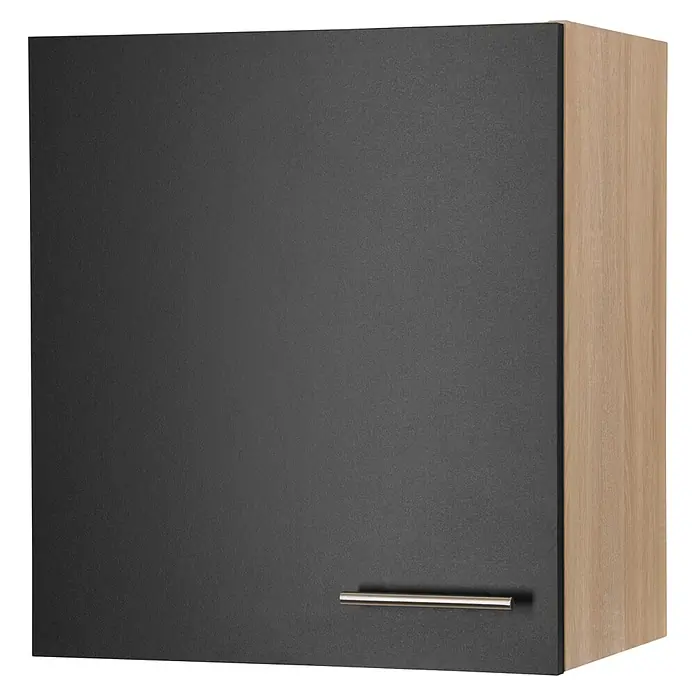 Respekta Merle Hängeschrank - B x T x H: 50 x 34,6 x 56,1 cm, Schwarz - Nahaufnahme eines Küchenschranks mit einer mattschwarzen Tür und einem Griff aus rostfreiem Stahl, ergänzt durch eine helle Holzmaserung.