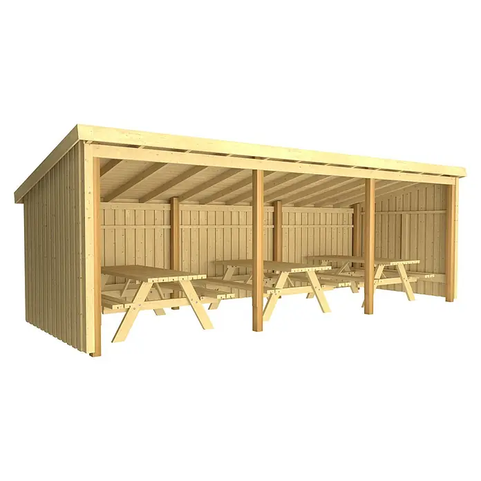 Plus Gartenhaus Picknickhütten - Außenmaß inkl. Dachüberstand (B x T): 650 x 240 cm, Offen - Holzhütte mit mehreren Picknicktischen.