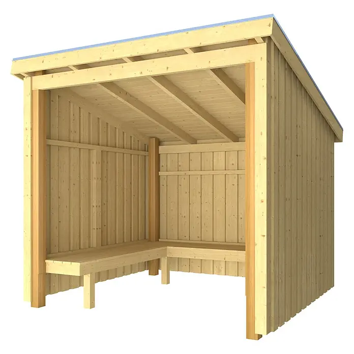 Plus Gartenhaus Grillhütte - Außenmaß inkl. Dachüberstand (B x T): 239 x 240 cm, Holz, Offen inkl. inkl. Dachpappe und Aluleisten - Unterstand aus hellem Holz mit integrierten Sitzbänken, bietet einen einfachen Sitzbereich im Freien.