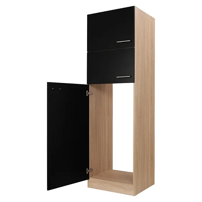 Respekta Merle Kühlumbauschrank - B x T x H: 60 x 60 x 200 cm, Schwarz - Abgebildeter Hochschrank mit schwarzen Fronten und Holzkorpus, eine Tür geöffnet, ideal für moderne Küchen.