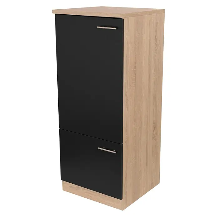 Respekta Merle Geräteumbauschrank - B x T x H: 60 x 60 x 144,8 cm, Schwarz, Für Kühlschrank - Elegantes Schuhschrankmöbelstück mit zwei Fächern, die in Schwarz gehalten sind und durch Griffleisten ergänzt werden. Der Rahmen ist in hellem Holzton gehalten.