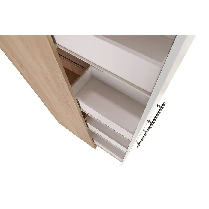 Respekta Merle Apotheker-Hochschrank - B x T x H: 30 x 60 x 200 cm, Weiß - Offene Schubladen eines weißen Schranks mit hölzerner Außenseite, die Funktionalität und modernes Design vereinen.