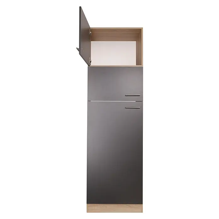 Respekta Merle Kühlumbauschrank - B x T x H: 60 x 60 x 200 cm, Grau - Hier ist ein hochauflösendes Bild eines grauen Küchenschranks mit zwei Schubladen und einer offenen Klappe.