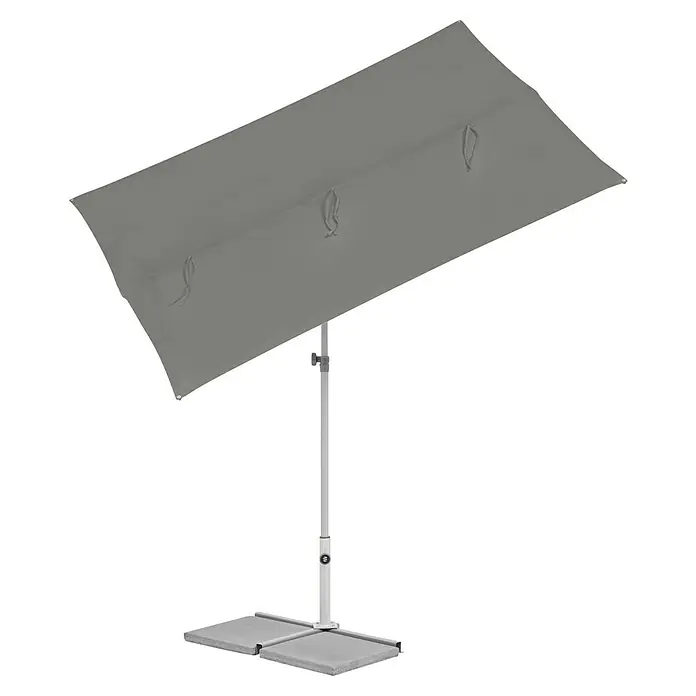 Suncomfort Balkonschirm Flex Roof - Steingrau, 195 x 140 cm, Aluminium - Ein grauer Sonnenschirm mit einem stabilen, weißen Ständer bietet Schutz vor der Sonne. Das Design ist modern und schlicht gehalten.