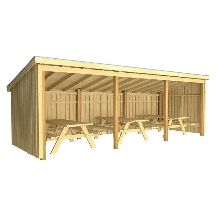 Plus Gartenhaus Picknickhütten - Außenmaß inkl. Dachüberstand (B x T): 650 x 240 cm, Offen inkl. Dachpappe und Aluleisten - Hölzerner Picknickunterstand mit Schrägdach und mehreren integrierten Picknicktischen.