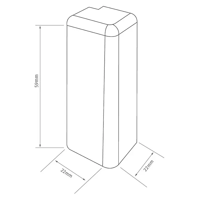 Egger Außenecke Cubical - Eiche Toffee, 2 Stk., Passend für: Egger Cubical Sockelleisten 14 x 58 mm - Produktdiagramm einer kleinen Elektronikbox mit den Maßen 22 mm x 22 mm x 59 mm, dargestellt in einer technischen Zeichnung mit Messlinien.