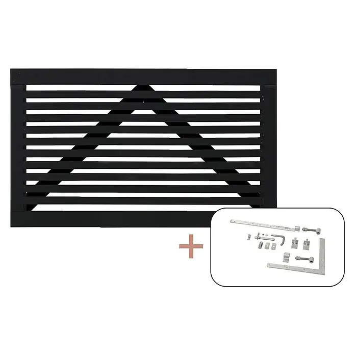 Plus Zauntor Tokyo inkl. Beschläge - 150 x 90 cm, Schwarz (RAL 9005) - Schwarzes Lamellenzaunpaneel mit einem silbernen Torbeschlagset, perfekt für jeden Garten- oder Terrasseneingang.