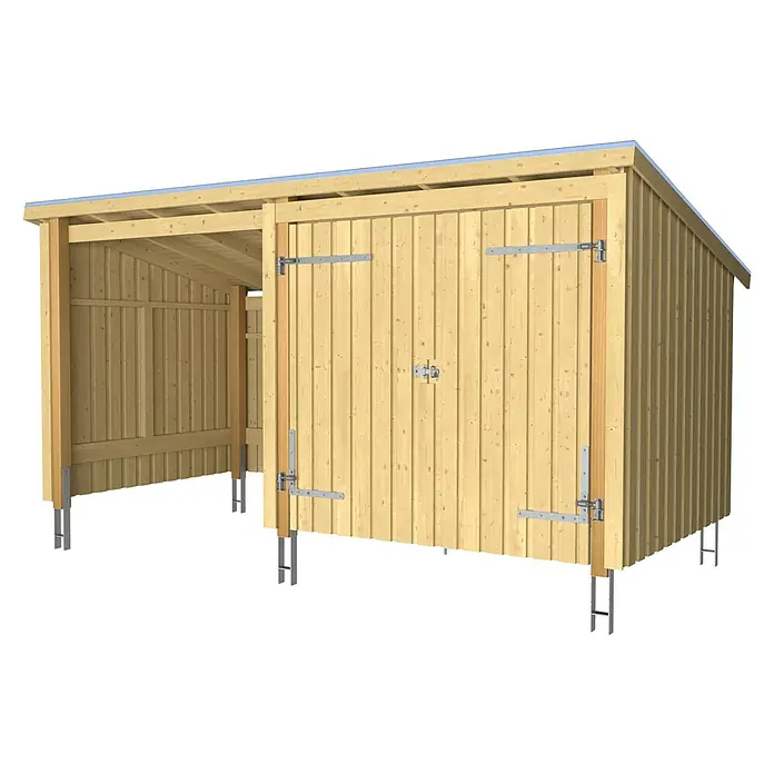Plus Gartenhaus Multi Nordic - Außenmaß inkl. Dachüberstand (B x T): 446 x 240 cm, Holz, Natur, Halboffen inkl. H-Pfostenanker, Dachpappe und Aluleisten - Heller Holzschuppen mit Anbau auf Metallstützen.