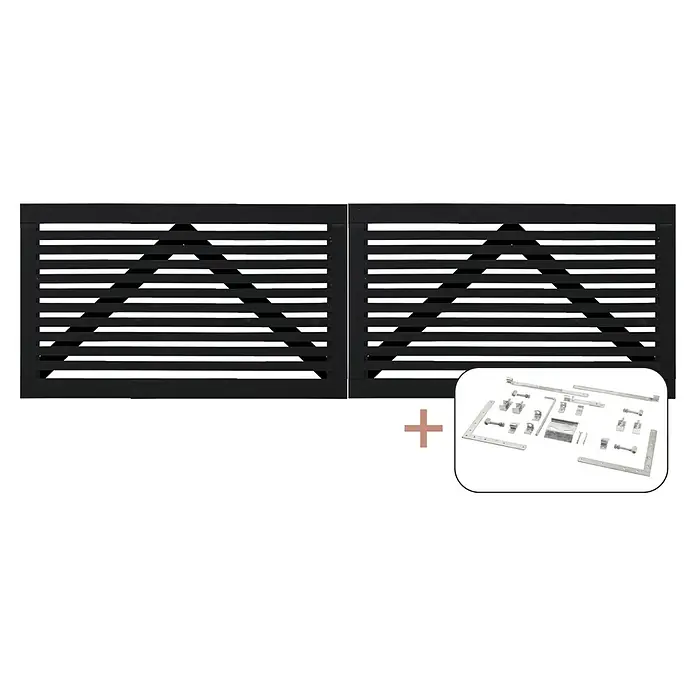 Plus Zauntor Tokyo inkl. Beschläge - 300 x 90 cm, Schwarz (RAL 9005), Holz - Das Bild zeigt ein modernes Gartentor aus schwarzem Metall mit horizontalen Lamellen und einem Montage-Set.
