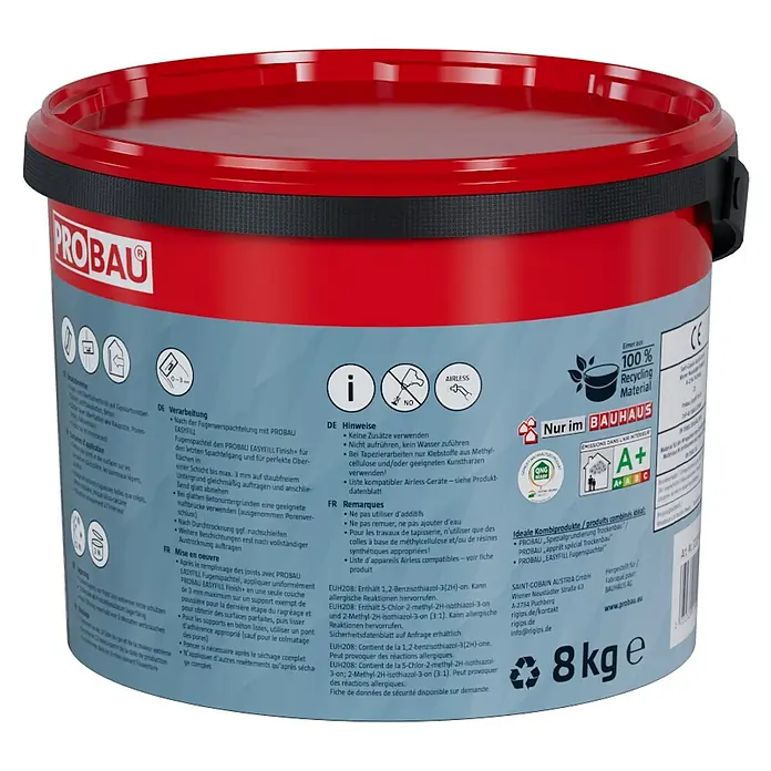 Probau Feinspachtel Easyfill Finish+ - 8 kg, Gebrauchsfertig - Dose PROBAU EASYFILL Finish+ Fugenfüller, ideal zum Spachteln und für perfekte Oberflächen. Eimer aus 100 % Recyclingmaterial, 8 kg.