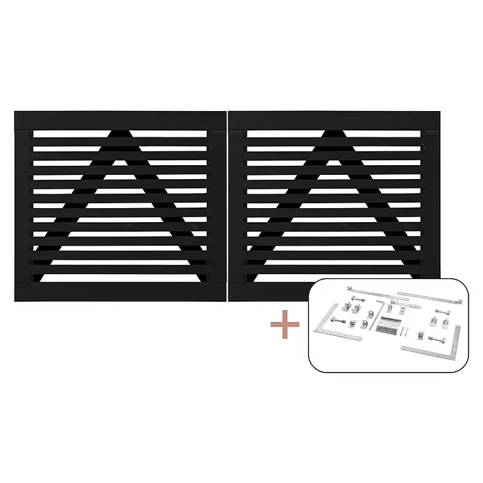 Plus Zauntor Tokyo inkl. Beschläge - 200 x 90 cm, Schwarz (RAL 9005) - Produktansicht eines modernen schwarzen Doppeltores mit Latten und dazugehörigem Montagezubehör.