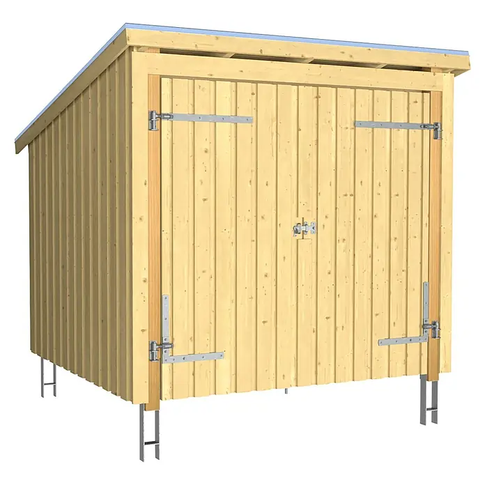 Plus Universal-Unterstand Nordic Für Fahrräder - Holz, Doppeltür inkl. H-Pfostenanker, Dachpappe und Aluleisten - Hellholz-Geräteschuppen mit Doppeltüren, Metallscharnieren, Riegel und auf Metallpfosten erhöht.