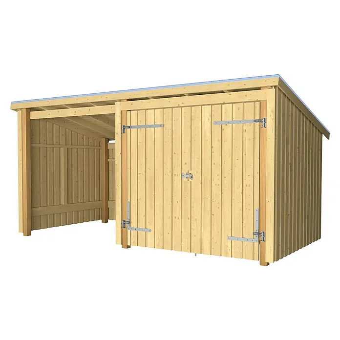 Plus Gartenhaus Multi Nordic - Außenmaß inkl. Dachüberstand (B x T): 446 x 240 cm, Holz, Natur, Halboffen inkl. Dachpappe und Aluleisten - Holzschuppen mit integriertem Carport und Doppeltüren zur Aufbewahrung.