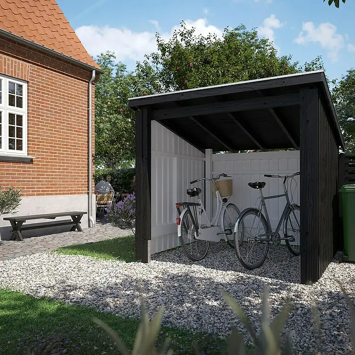 Plus Universal-Unterstand Nordic Für Fahrräder - Holz, Offen inkl. Dachpappe und Aluleisten - Schwarzer Holz-Fahrradunterstand mit weißen Rückwänden, der zwei Fahrräder in einem Garten beherbergt.