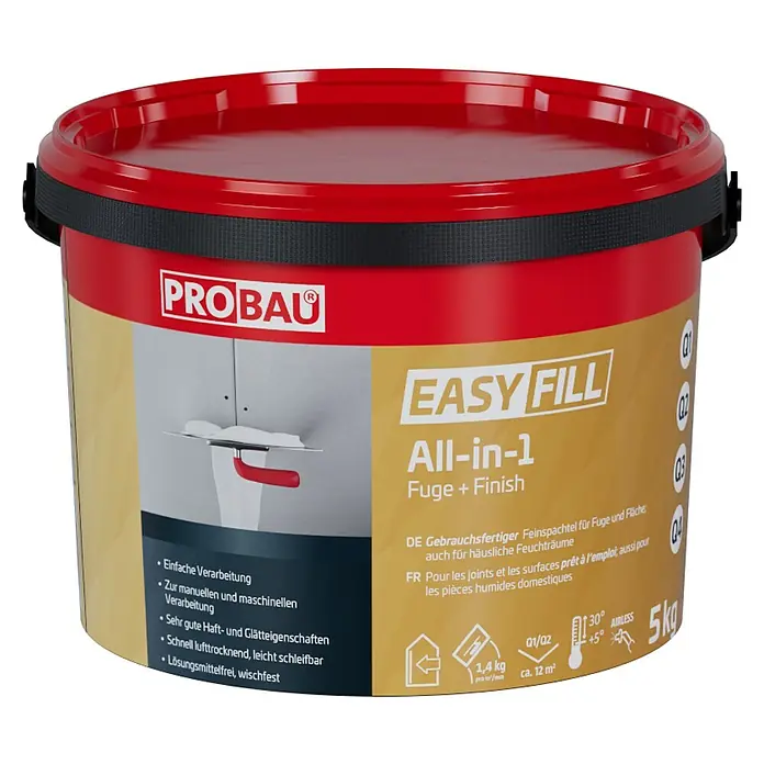Probau Fugenspachtel Easyfill All-in-1 - 5 kg, Gebrauchsfertig - Ein roter Eimer Probau Easy Fill All-in-1 Fuge+Finish für einfache Verarbeitung, gute Haftung und Glätte, schnell trocknend und schleifbar.