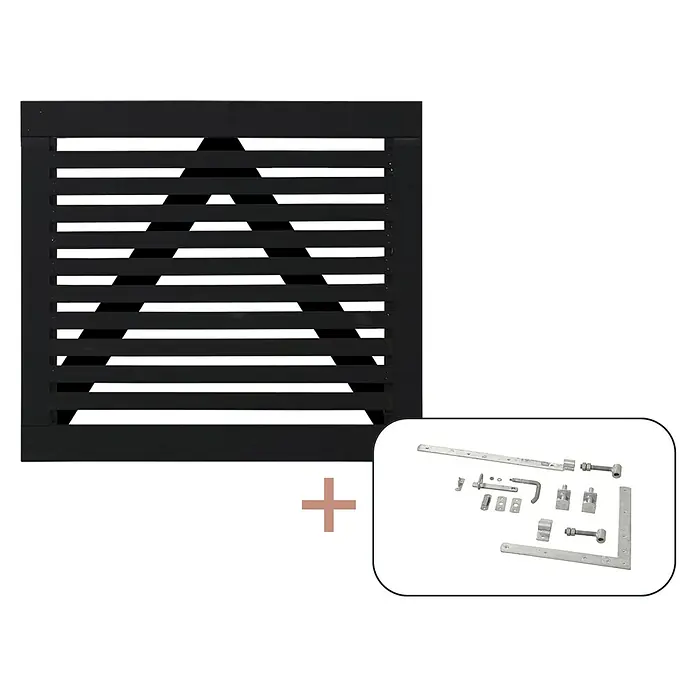 Plus Zauntor Tokyo inkl. Beschläge - 100 x 90 cm, Schwarz (RAL 9005) - Schwarzes Tor mit Beschlägen. Das robuste Tor und die silbernen Beschläge sind langlebig und sorgen für einen sicheren Zugang zum Grundstück.
