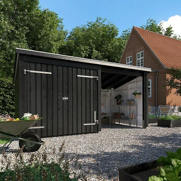 Plus Gartenhaus Multi Nordic - Außenmaß inkl. Dachüberstand (B x T): 446 x 240 cm, Holz, Natur, Halboffen inkl. Dachpappe und Aluleisten - Schwarzer Holzschuppen mit offener Seite für überdachten Stauraum im Garten.