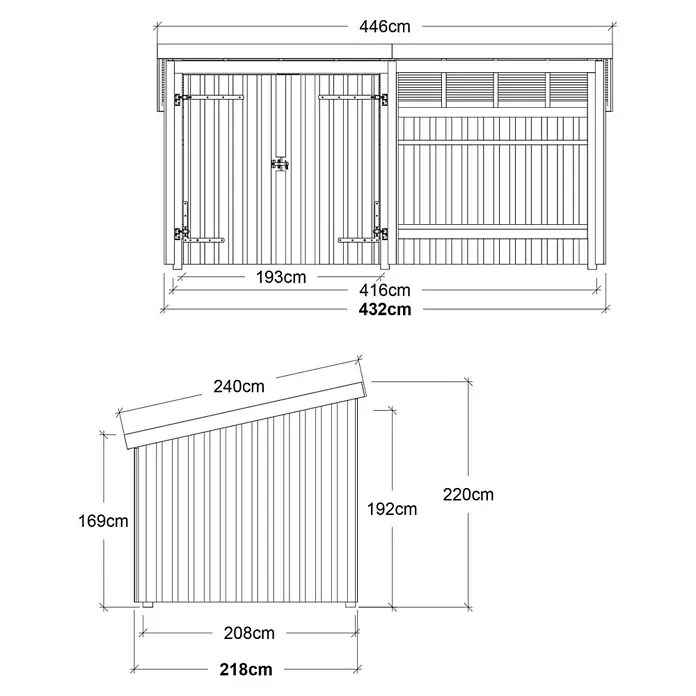Plus Gartenhaus Multi Nordic - Außenmaß inkl. Dachüberstand (B x T): 446 x 240 cm, Holz, Natur, Halboffen inkl. H-Pfostenanker, Dachpappe und Aluleisten - Technisches Datenblatt eines Gartenhauses mit angebautem offenem Lagerbereich und Maßen für Länge, Höhe und Tiefe.