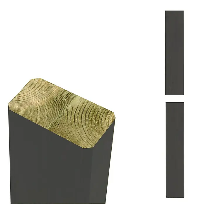 Plus Zaunpfosten gerade - Höhe: 238 cm, 4,5 x 9 cm, Umbragrau, Holz - Nahaufnahme einer hölzernen Treppe mit einer hellen Holzplatte und einer grauen Seitenwand, die ein modernes, architektonisches Design zeigt.