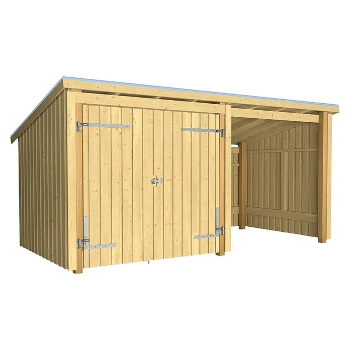 Plus Gartenhaus Multi Nordic - Außenmaß inkl. Dachüberstand (B x T): 446 x 240 cm, Holz, Natur, Halboffen inkl. Dachpappe und Aluleisten - Heller Holzschuppen mit Doppeltüren und angebautem offenem Unterstand.