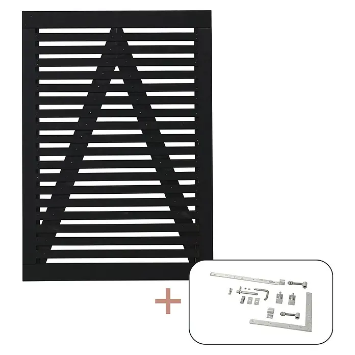Plus Zauntor Tokyo inkl. Beschläge - 100 x 140 cm, Schwarz (RAL 9005), Holz - Schwarzes Zaunelement mit Beschlägen. Das Set beinhaltet ein Zaunelement und diverse Befestigungselemente für die Montage.