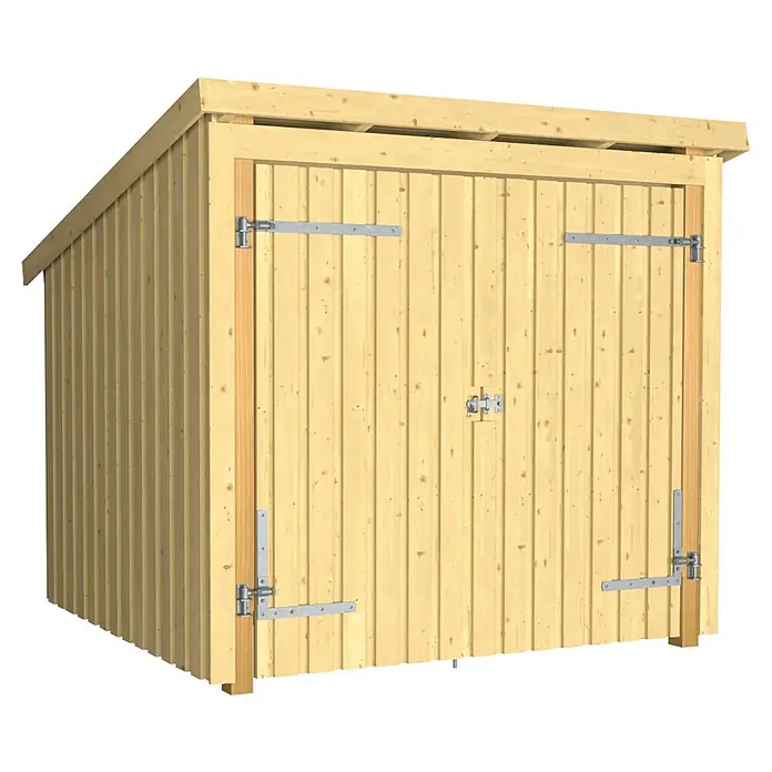 Plus Universal-Unterstand Nordic Für Fahrräder - Holz, Doppeltür - Heller Holzgeräteschuppen mit Pultdach und Doppeltüren mit Metallbeschlägen.
