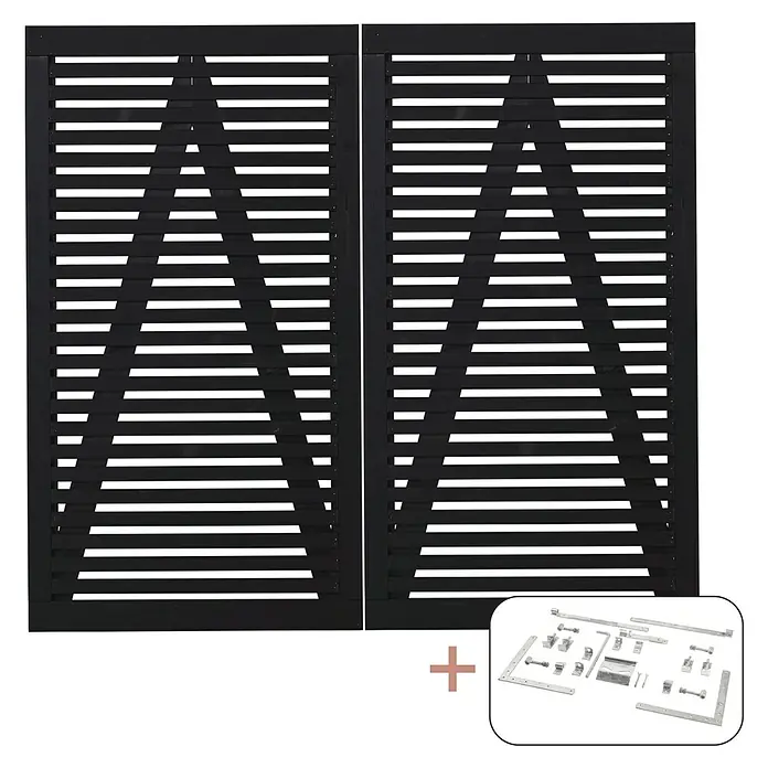 Plus Zauntor Tokyo inkl. Beschläge - 200 x 180 cm, Schwarz (RAL 9005), Holz - Schwarzes Gartentor mit Zubehör. Das Tor besteht aus horizontalen Latten mit Zwischenräumen für einen modernen Look.