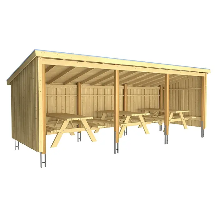Plus Gartenhaus Picknickhütten - Außenmaß inkl. Dachüberstand (B x T): 650 x 240 cm, Offen inkl. H-Pfostenanker, Dachpappe und Aluleisten - Überdachter Holz-Picknickbereich mit vier Tischen, gestützt von Metallpfosten.