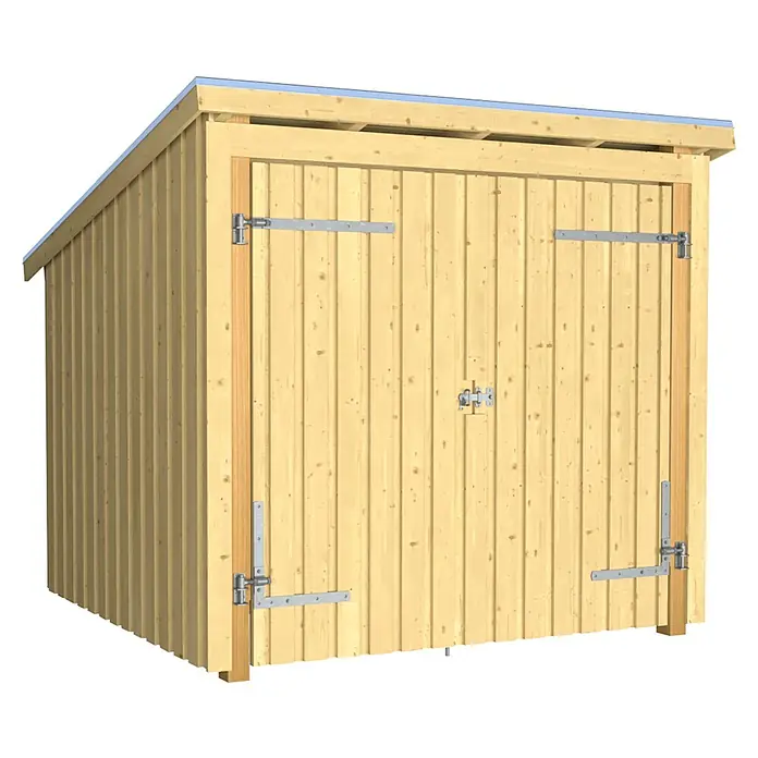 Plus Universal-Unterstand Nordic Für Fahrräder - Holz, Doppeltür inkl. Dachpappe und Aluleisten - Heller Holzgeräteschuppen mit Doppeltüren und Metallscharnieren.