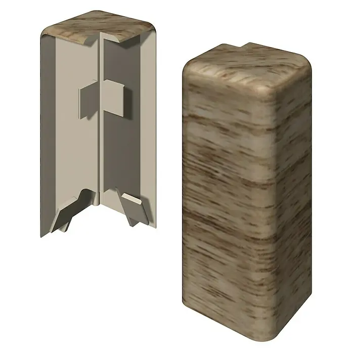 Egger Außenecke Cubical - Eiche beige, 2 Stk., Passend für: Egger Cubical Sockelleisten 14 x 58 mm - Beiges Eckprofil mit Holzmaserung und innenliegenden Kabelkanälen.