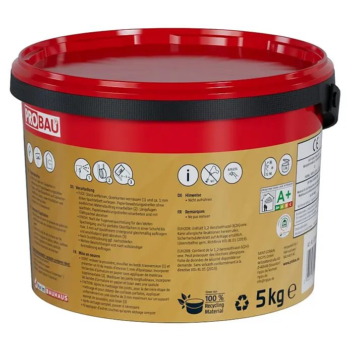 Probau Fugenspachtel Easyfill All-in-1 - 5 kg, Gebrauchsfertig - Eimer Probau Füllspachtelmasse mit rotem Deckel, ideal zum Füllen von Löchern und Rissen in Wänden und Decken.