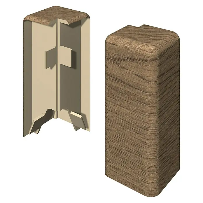 Egger Außenecke Cubical - Nußbaum hellbraun, 2 Stk., Passend für: Egger Cubical Sockelleisten 14 x 58 mm - Holzmaserung Eckprofil mit Innenstruktur, braun/beige.