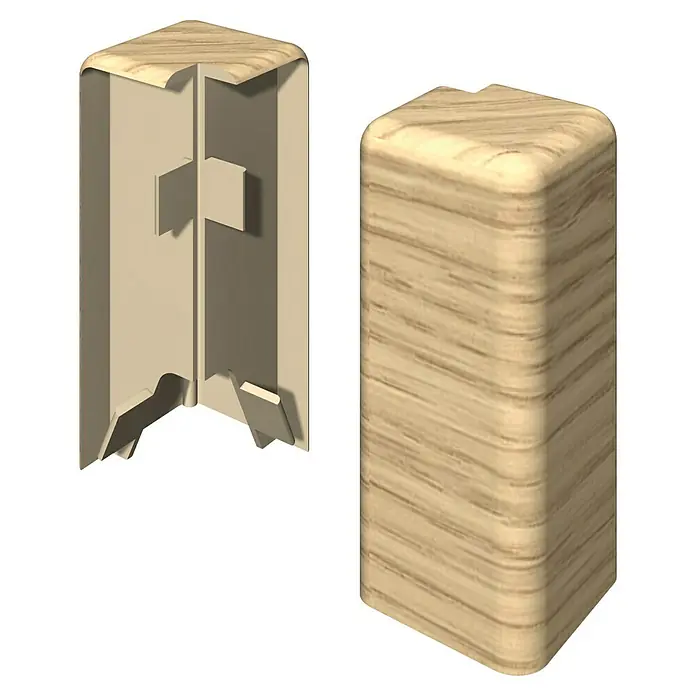 Egger Außenecke Cubical - Eiche hell, 2 Stk., Passend für: Egger Cubical Sockelleisten 14 x 58 mm - Helles Holzoptik-Eckprofil mit abgerundeten Kanten, offen mit internen Clips und geschlossen in fertiger Form gezeigt.
