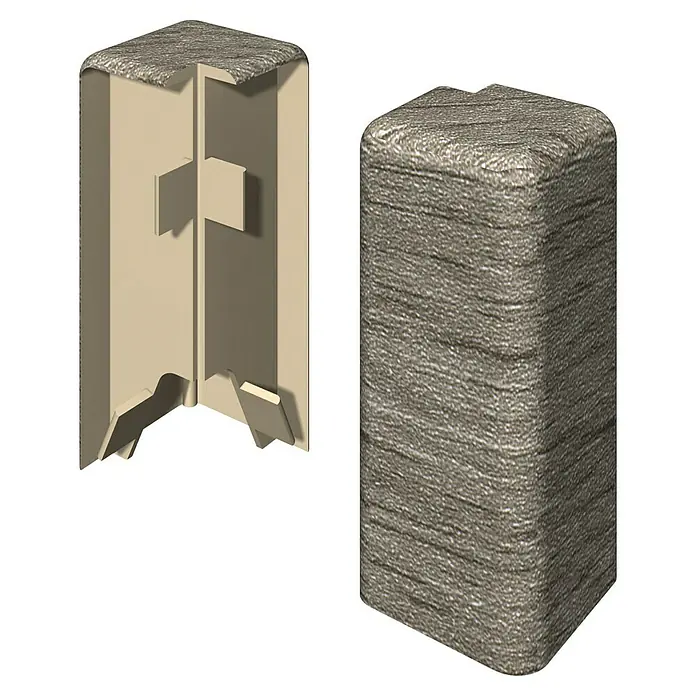 Egger Außenecke Cubical - Eiche grau, 2 Stk., Passend für: Egger Cubical Sockelleisten 14 x 58 mm - Eine Abbildung einer Holzsäule neben der transparenten Zeichnung ihrer Struktur, die das Design der Säule zeigt.