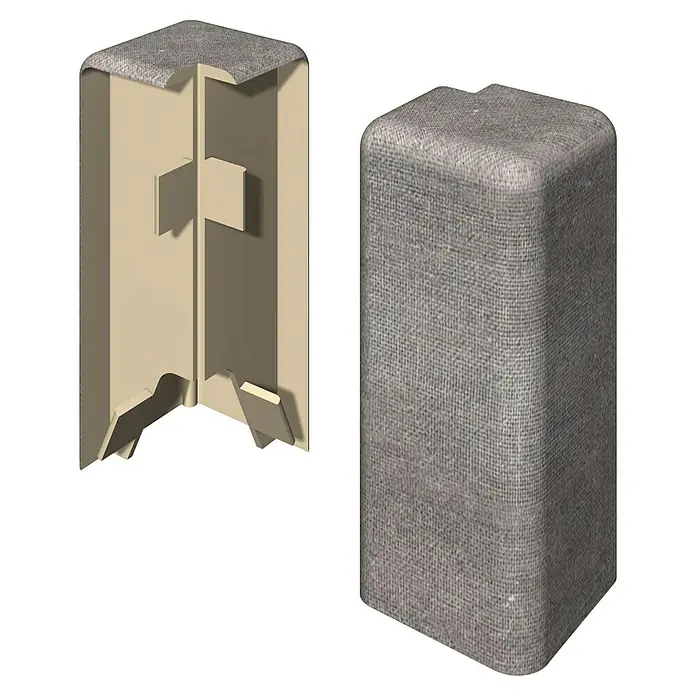 Egger Außenecke Cubical - Stein grau, 2 Stk., Passend für: Egger Cubical Sockelleisten 14 x 58 mm - Grauer gewebter Eckenschutz mit beiger Innenstruktur, offen und geschlossen dargestellt.