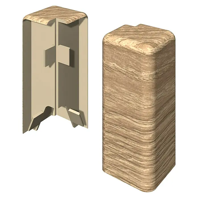 Egger Außenecke Cubical - Eiche taupe, 2 Stk., Passend für: Egger Cubical Sockelleisten 14 x 58 mm - Holzimitat-Eckpfosten für Fußleisten, offen mit Innenclips und geschlossen mit abgerundeter Oberfläche dargestellt.