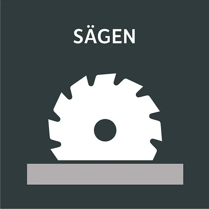 WPC-Terrassendiele Artwood - 300 x 12 x 2,8 cm, Grau - Sägen: Illustriertes Symbol einer Kreissäge, die durch ein graues Brett schneidet, mit dem Wort "Sägen" in Weiß darüber.