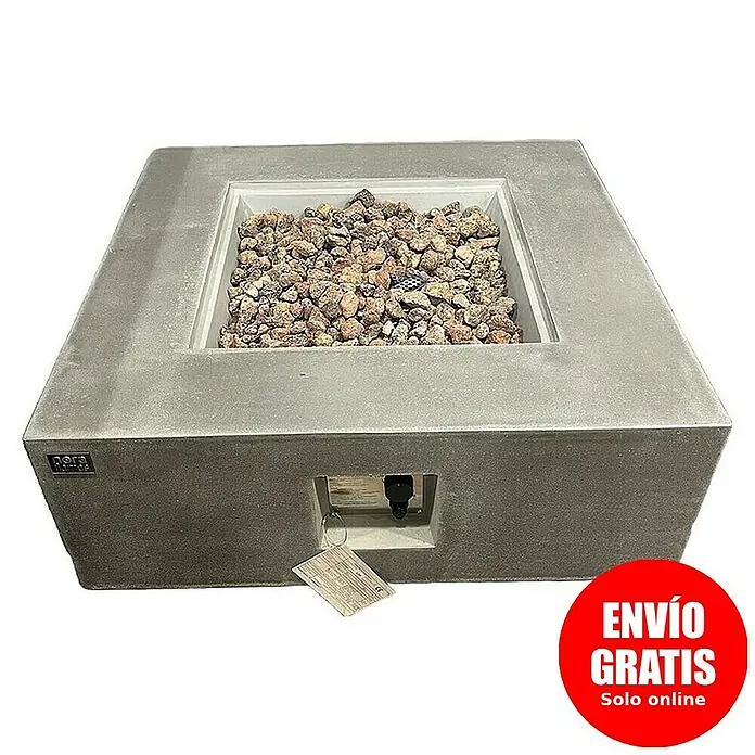 Nora Flames Brasero de gas Loa - 16 kW, L x An x Al: 86 x 86 x 35 cm, Acero, Gris - Imagen de un brasero cuadrado de hormigón lleno de rocas de lava, creando un ambiente acogedor para espacios al aire libre.