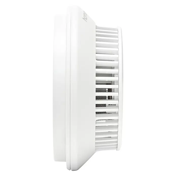 Homematic IP Rauchwarnmelder mit Q-Label - Durchmesser: 11,5 cm, Batterielaufzeit: 10 Jahre, Alarmsignal: 85 dB - Ein weißer Homey Pro Smart-Home-Hub mit seinem runden Design und den charakteristischen Belüftungsöffnungen für optimale Leistung und Konnektivität.