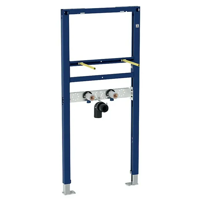 Geberit Duofix Waschtisch-Vorwandelement 111.430.00.1 - 7 x 50 x 112 cm, Pulverbeschichtet - Das Bild zeigt einen Spülkastenrahmen, eine Vorrichtung zur Installation einer wandhängenden Toilette, mit verschiedenen Anschlüssen und Befestigungselementen.