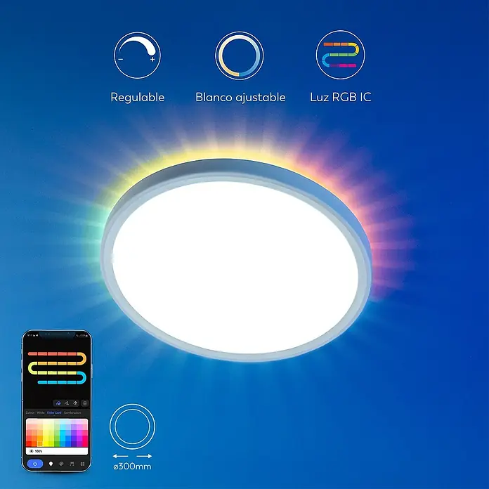 Garza Plafón LED redondo inteligente Tango - Ø x Al: 30 x 2,6 cm, RGB, Blanco - Esta foto muestra una lámpara de techo LED con función RGB y control por smartphone para configuraciones de iluminación personalizadas.