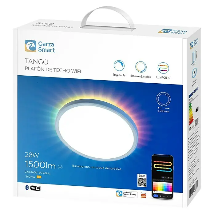 Garza Plafón LED redondo inteligente Tango - Ø x Al: 30 x 2,6 cm, RGB, Blanco - Embalaje de la luz de techo inteligente Garza Tango, con 28W, 1500lm y luz RGB IC para iluminación decorativa.
