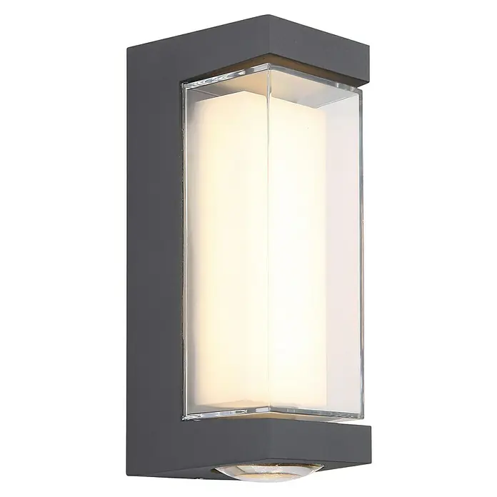 Globo LED-Außenwandleuchte Plixon - 8,2 x 7,5 x 18,7 cm - Nahaufnahme einer modernen, grauen Außenleuchte mit klarem Glasschirm und hellem, warmem Licht.