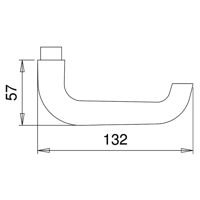 Portaferm Drückerlochteil - Vierkantstift: 8 mm, Neusilber, U-Form - Abbildung eines Hakens mit den Maßen 57 mm in der Höhe und 132 mm in der Breite zur Produktbeschreibung.