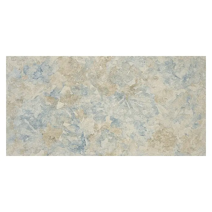 BHS Showroom Revestimiento de pared Blossom deko - 60 x 120 cm, Gris, Mate, Rectificado - La encimera presenta un patrón abstracto único en tonos beige y azules, añadiendo un toque moderno a cualquier espacio.