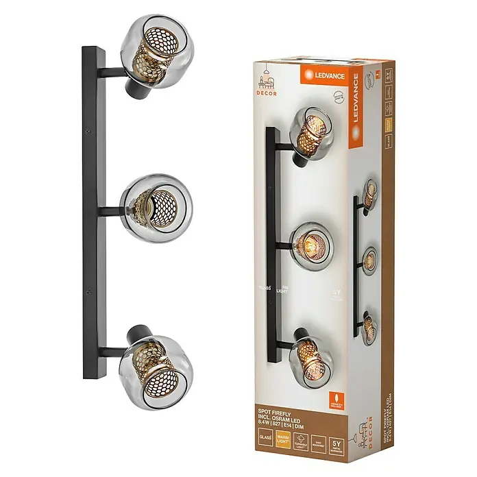 Ledvance Regleta LED redonda Firefly - 8,4 W, L x An x Al: 60,4 x 10,5 x 17,6 cm, Negro, Blanco cálido, 3 ud. - Primer plano de la lámpara de pared LEDVANCE Spot Firefly con tres brazos de luz y pantallas de cristal, que emite una luz cálida.