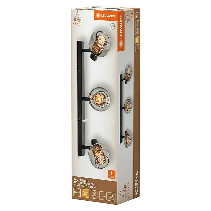 Ledvance Regleta LED redonda Firefly - 8,4 W, L x An x Al: 60,4 x 10,5 x 17,6 cm, Negro, Blanco cálido, 3 ud. - Primer plano del paquete de una lámpara Ledvance Spot Firefly que presenta un accesorio de tres luces con luz cálida y una garantía de 5 años.